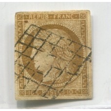 FRANCIA 1849 Yv. 1a CERES LA PRIMER ESTAMPILLA DEL PAIS, CON VARIEDAD DE COLOR MAGNIFICO FRENTE CON PEQUEÑOS ADELGAZAMIENTOS SOLO VISIBLES AL DORSO 450 €